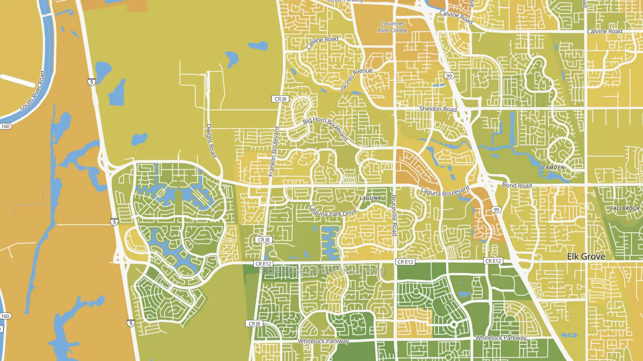 Map of the best neighborhoods in the 95758 area, with better matches in green and worse matches in red