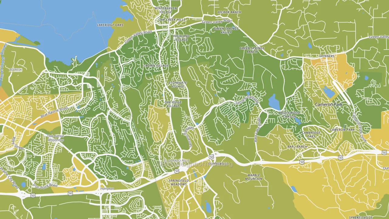 Map of the best neighborhoods in the 95762 area, with better matches in green and worse matches in red