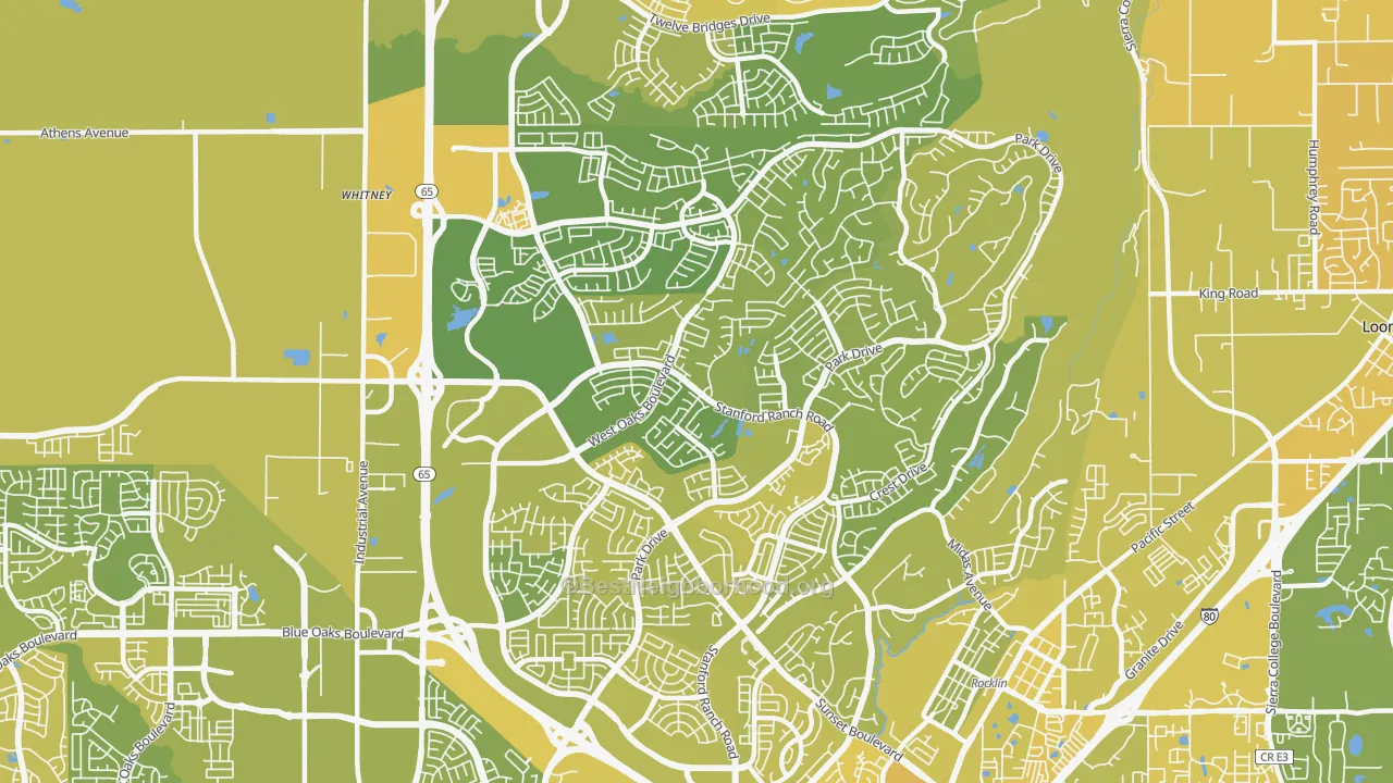 Map of the best neighborhoods in the 95765 area, with better matches in green and worse matches in red