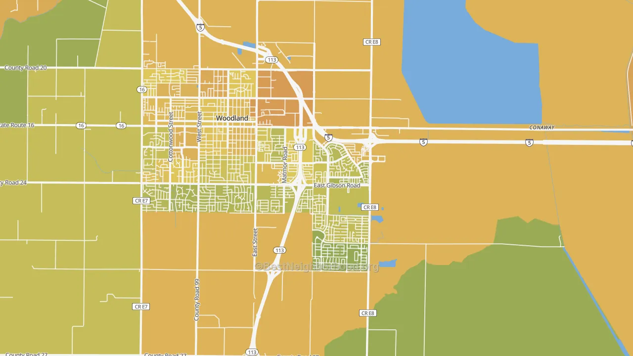 Map of the best neighborhoods in the 95776 area, with better matches in green and worse matches in red