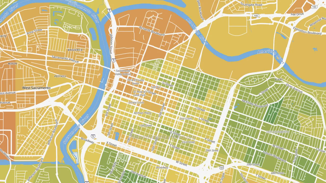 Map of the best neighborhoods in the 95811 area, with better matches in green and worse matches in red