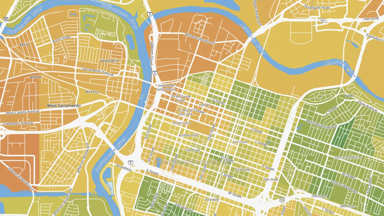 Map of the best neighborhoods in the 95814 area, with better matches in green and worse matches in red