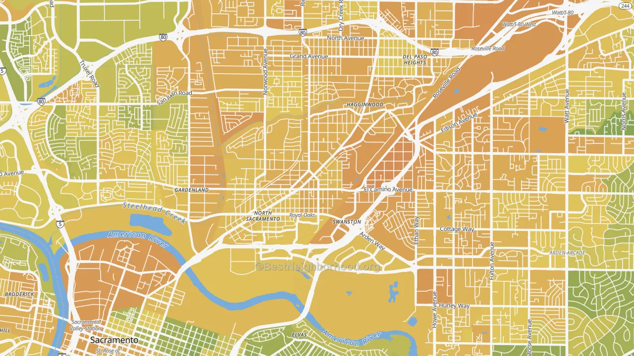Map of the best neighborhoods in the 95815 area, with better matches in green and worse matches in red