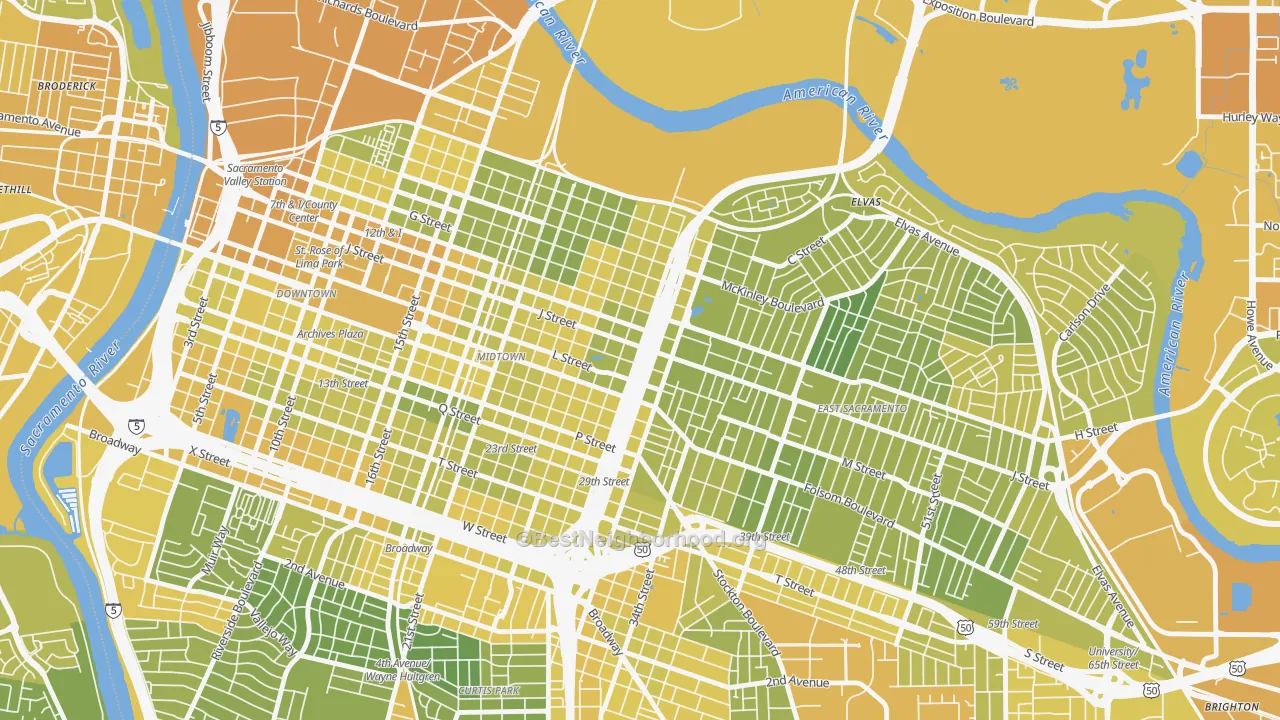 Map of the best neighborhoods in the 95816 area, with better matches in green and worse matches in red