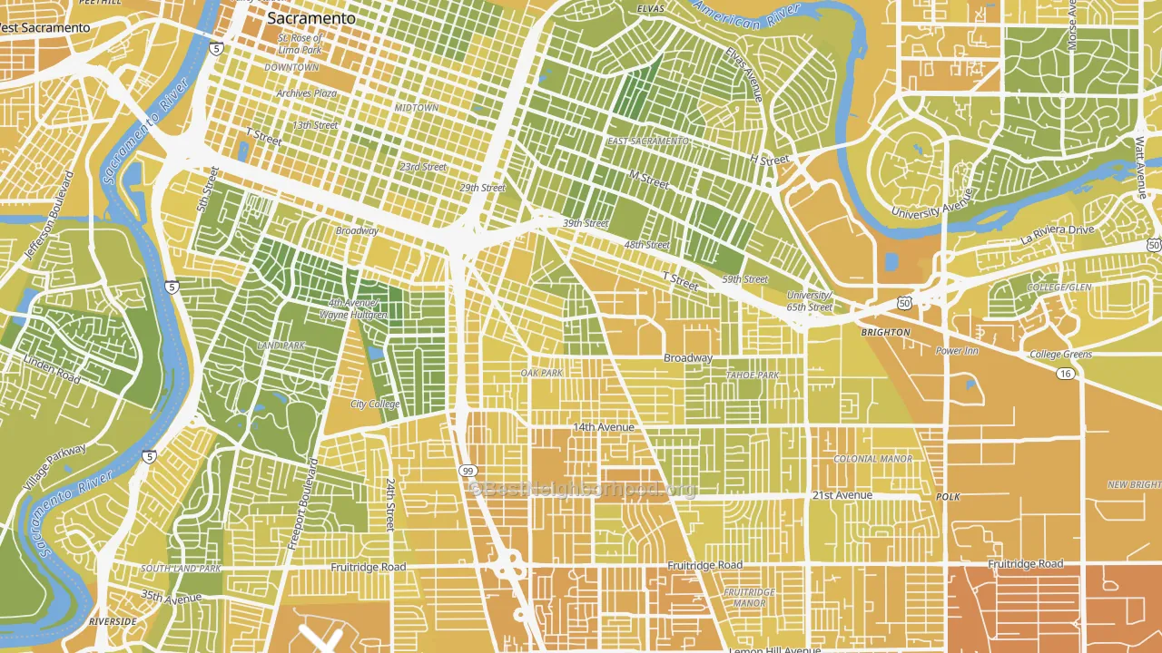 Map of the best neighborhoods in the 95817 area, with better matches in green and worse matches in red
