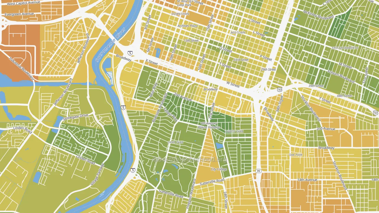 Map of the best neighborhoods in the 95818 area, with better matches in green and worse matches in red