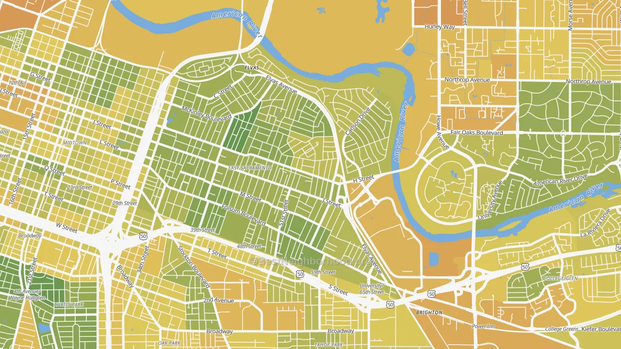 Map of the best neighborhoods in the 95819 area, with better matches in green and worse matches in red