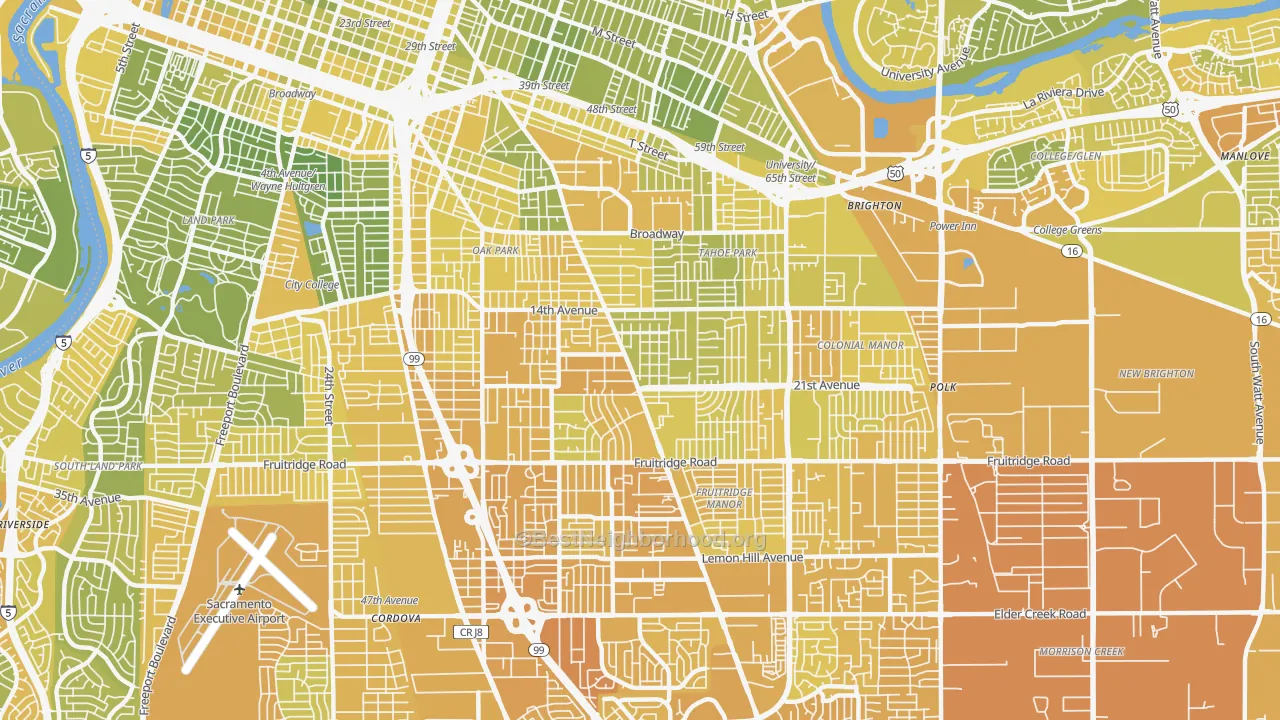 Map of the best neighborhoods in the 95820 area, with better matches in green and worse matches in red