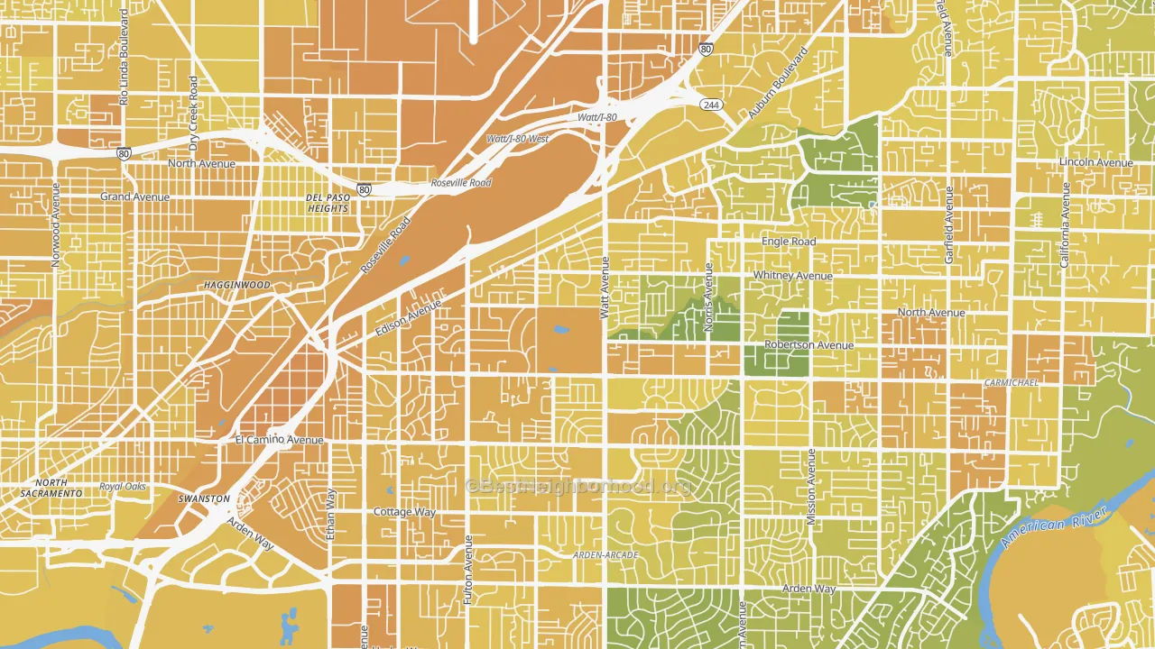 Map of the best neighborhoods in the 95821 area, with better matches in green and worse matches in red