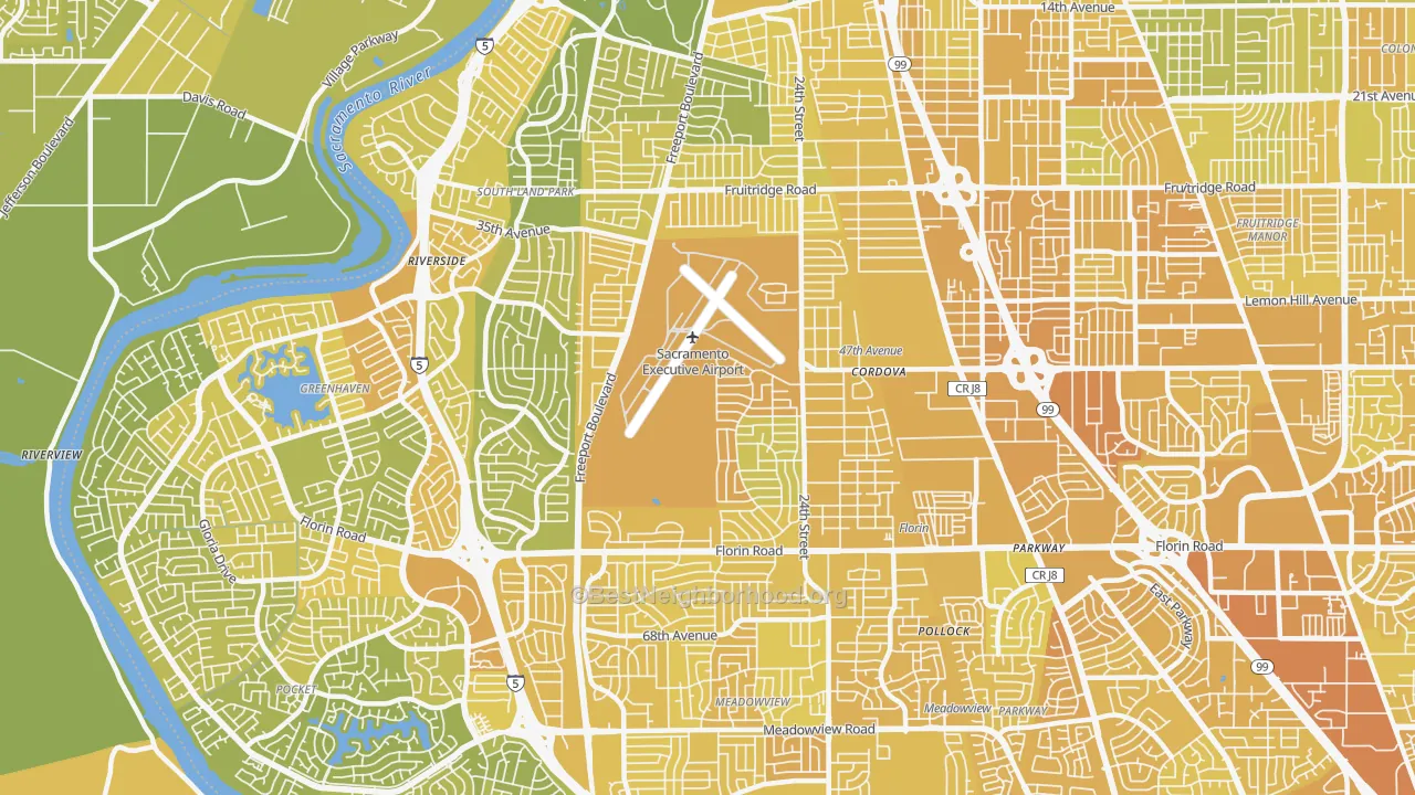 Map of the best neighborhoods in the 95822 area, with better matches in green and worse matches in red