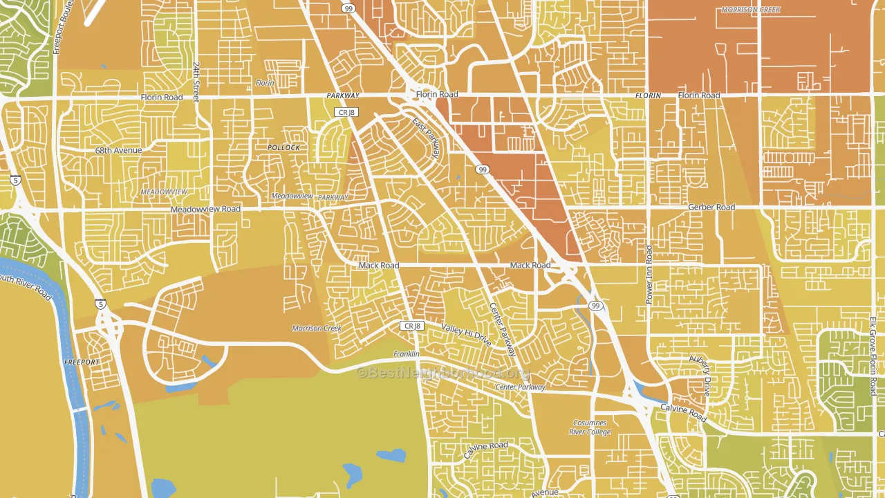 Map of the best neighborhoods in the 95823 area, with better matches in green and worse matches in red
