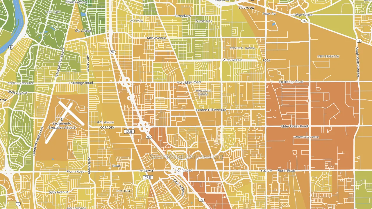 Map of the best neighborhoods in the 95824 area, with better matches in green and worse matches in red