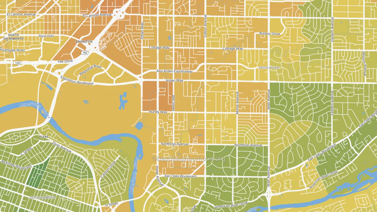 Map of the best neighborhoods in the 95825 area, with better matches in green and worse matches in red