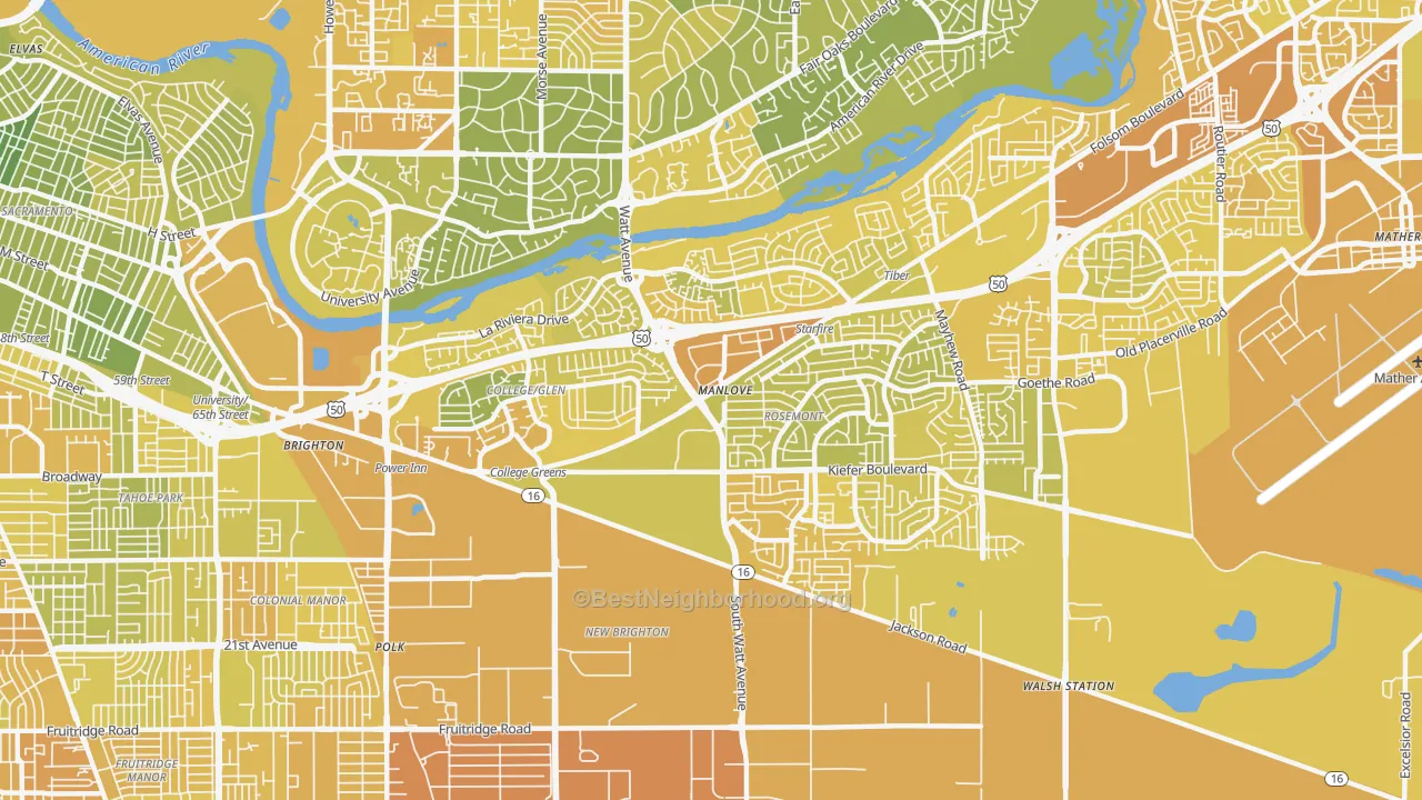 Map of the best neighborhoods in the 95826 area, with better matches in green and worse matches in red