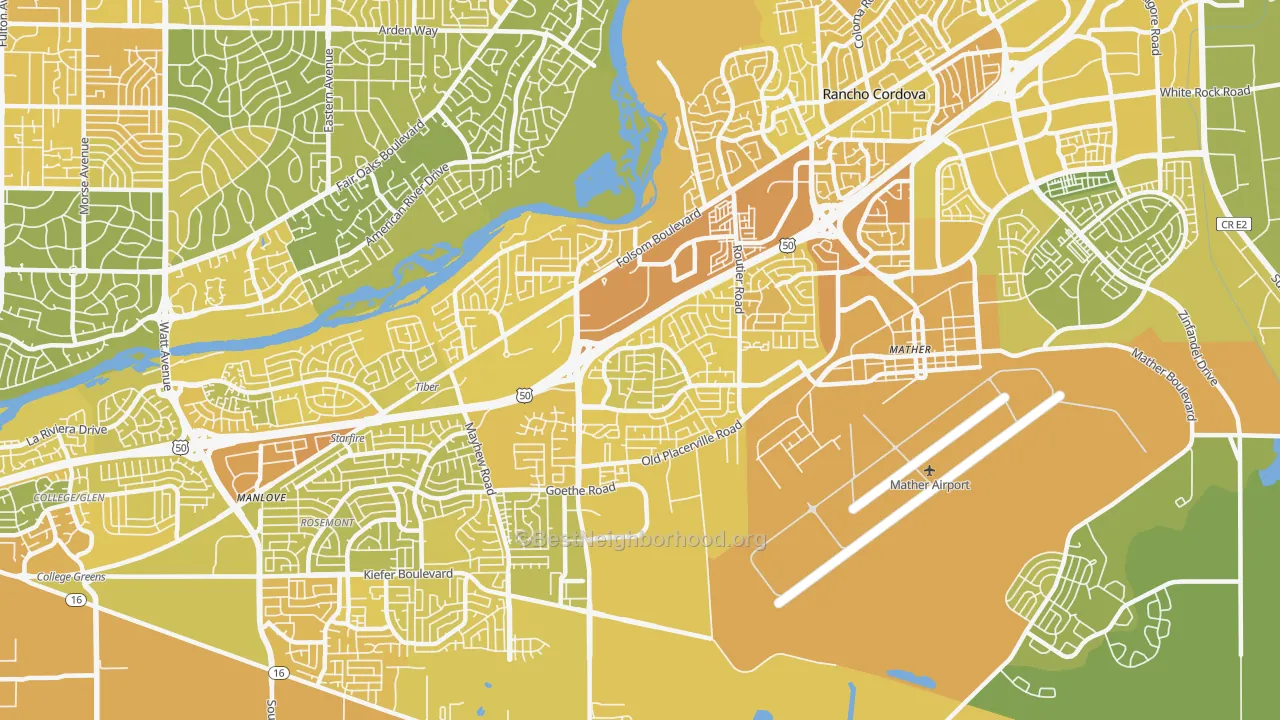 Map of the best neighborhoods in the 95827 area, with better matches in green and worse matches in red