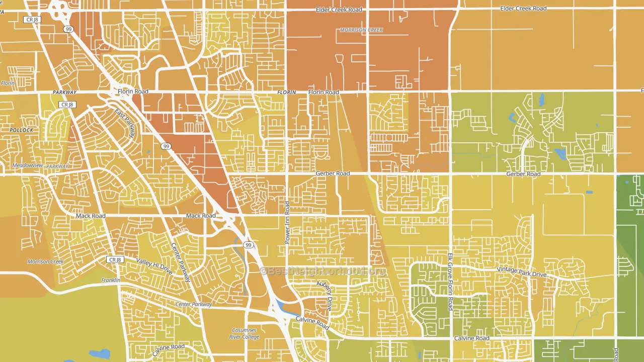 Map of the best neighborhoods in the 95828 area, with better matches in green and worse matches in red
