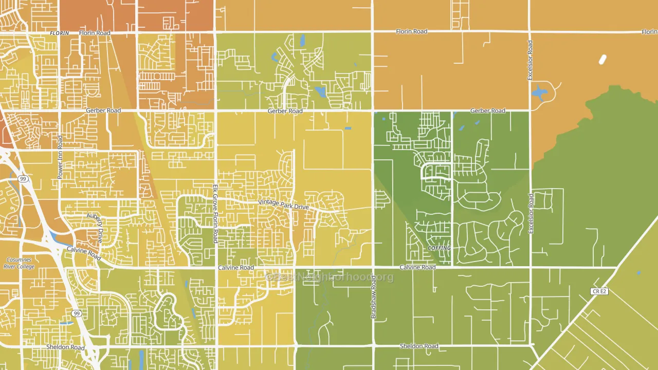 Map of the best neighborhoods in the 95829 area, with better matches in green and worse matches in red