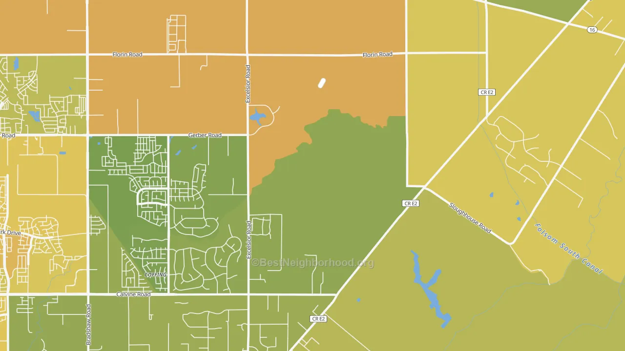 Map of the best neighborhoods in the 95830 area, with better matches in green and worse matches in red