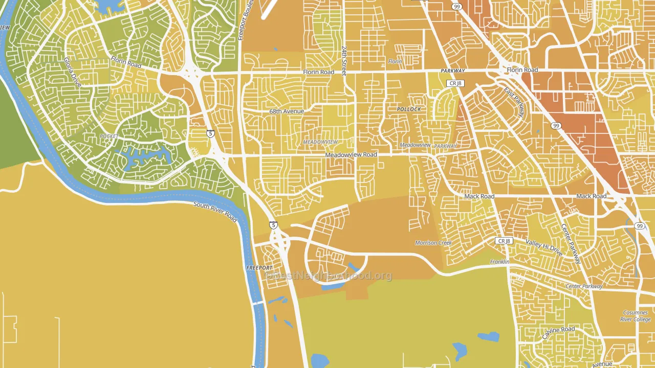 Map of the best neighborhoods in the 95832 area, with better matches in green and worse matches in red