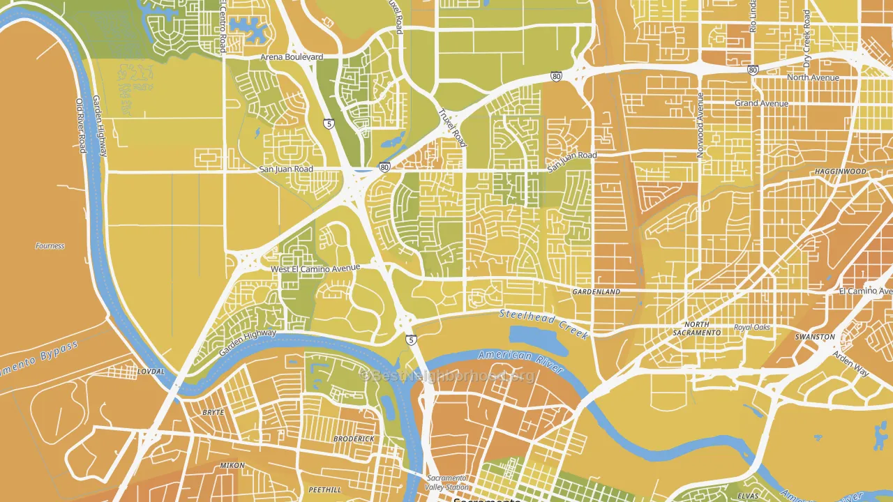 Map of the best neighborhoods in the 95833 area, with better matches in green and worse matches in red