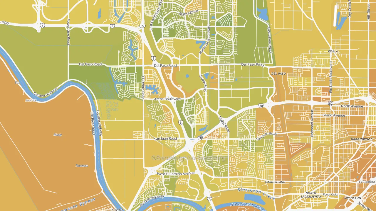 Map of the best neighborhoods in the 95834 area, with better matches in green and worse matches in red