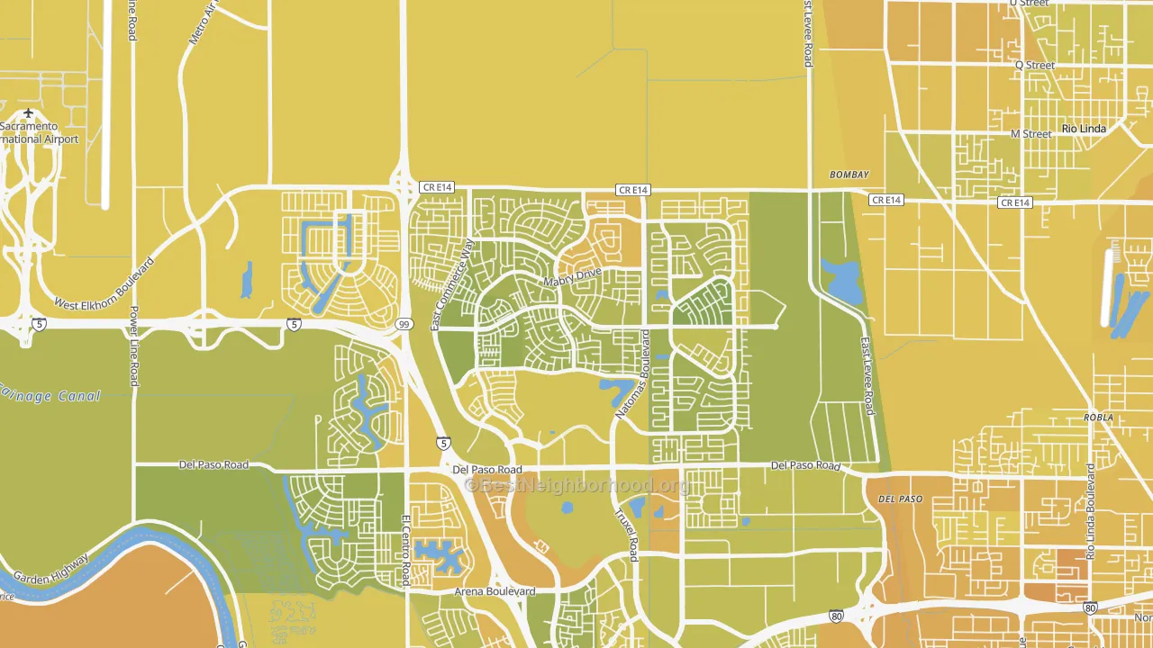 Map of the best neighborhoods in the 95835 area, with better matches in green and worse matches in red