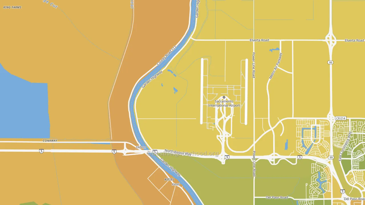 Map of the best neighborhoods in the 95837 area, with better matches in green and worse matches in red