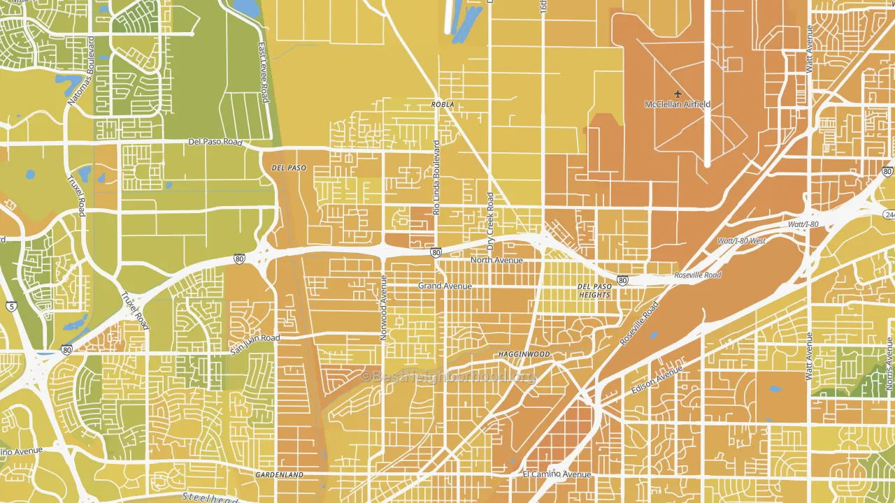 Map of the best neighborhoods in the 95838 area, with better matches in green and worse matches in red