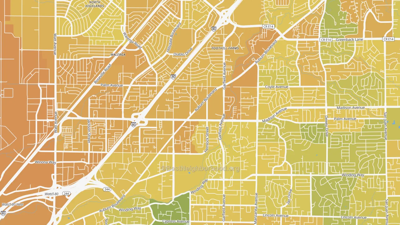Map of the best neighborhoods in the 95841 area, with better matches in green and worse matches in red