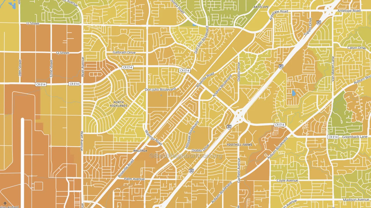 Map of the best neighborhoods in the 95842 area, with better matches in green and worse matches in red