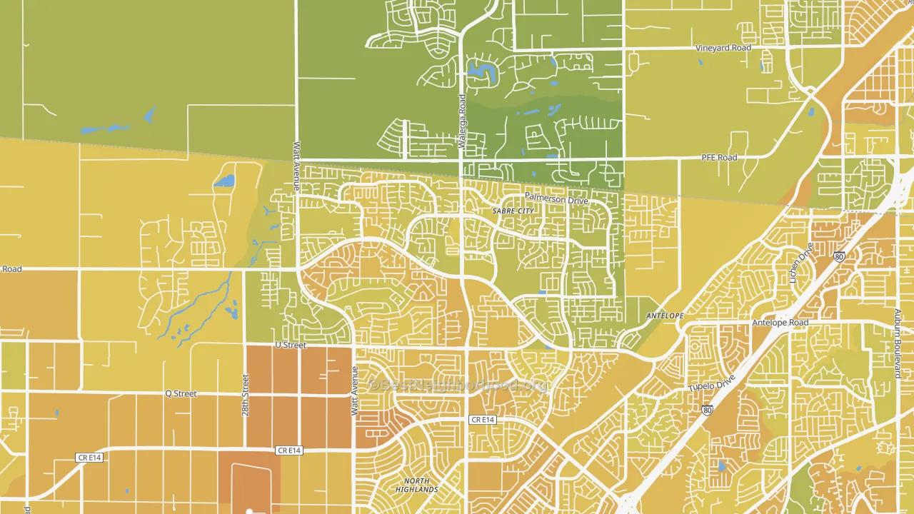 Map of the best neighborhoods in the 95843 area, with better matches in green and worse matches in red