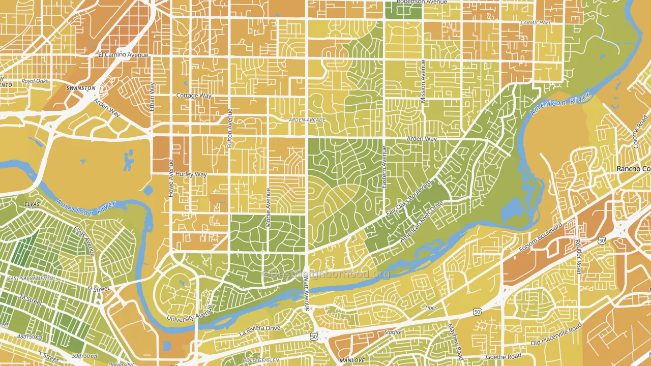 Map of the best neighborhoods in the 95864 area, with better matches in green and worse matches in red