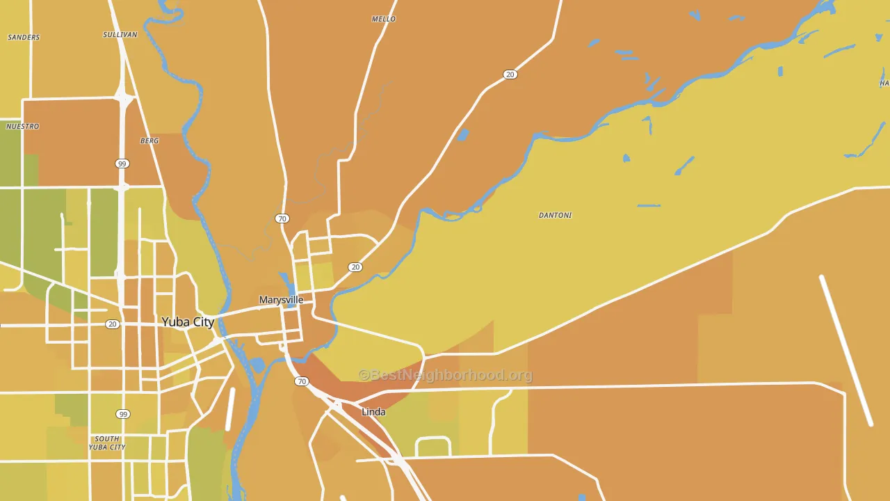 Map of the best neighborhoods in the 95901 area, with better matches in green and worse matches in red