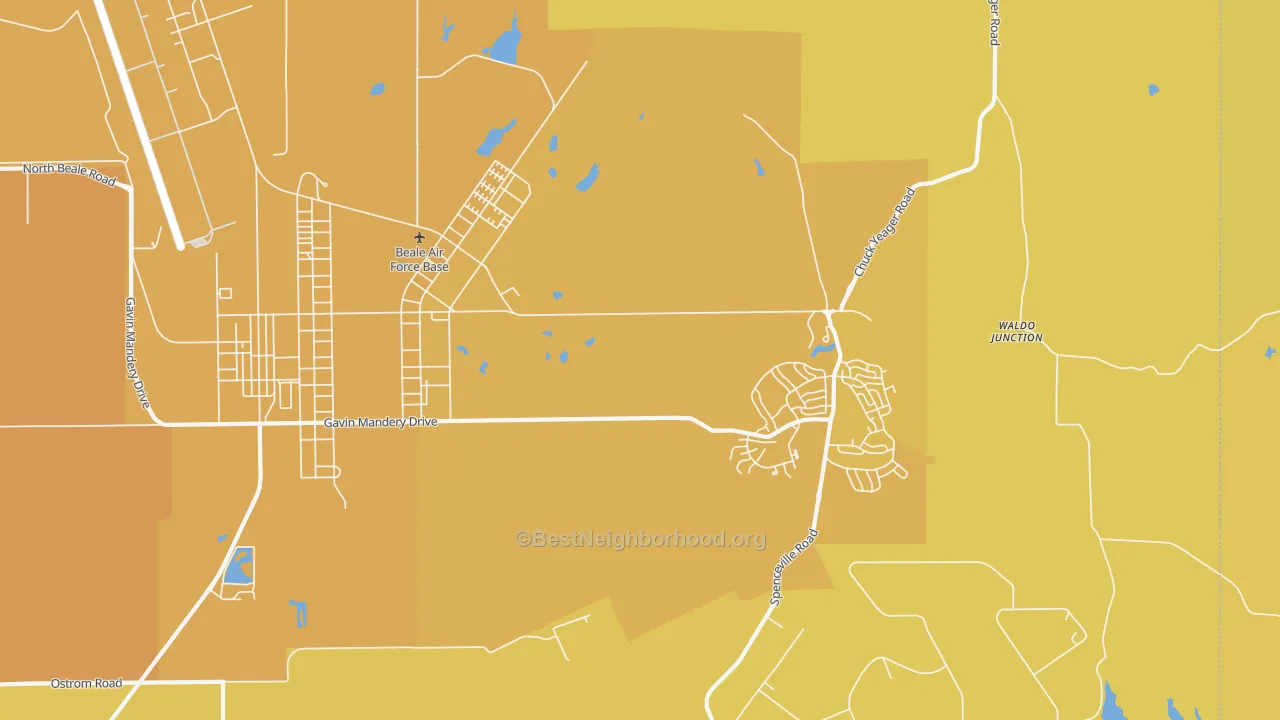 Map of the best neighborhoods in the 95903 area, with better matches in green and worse matches in red
