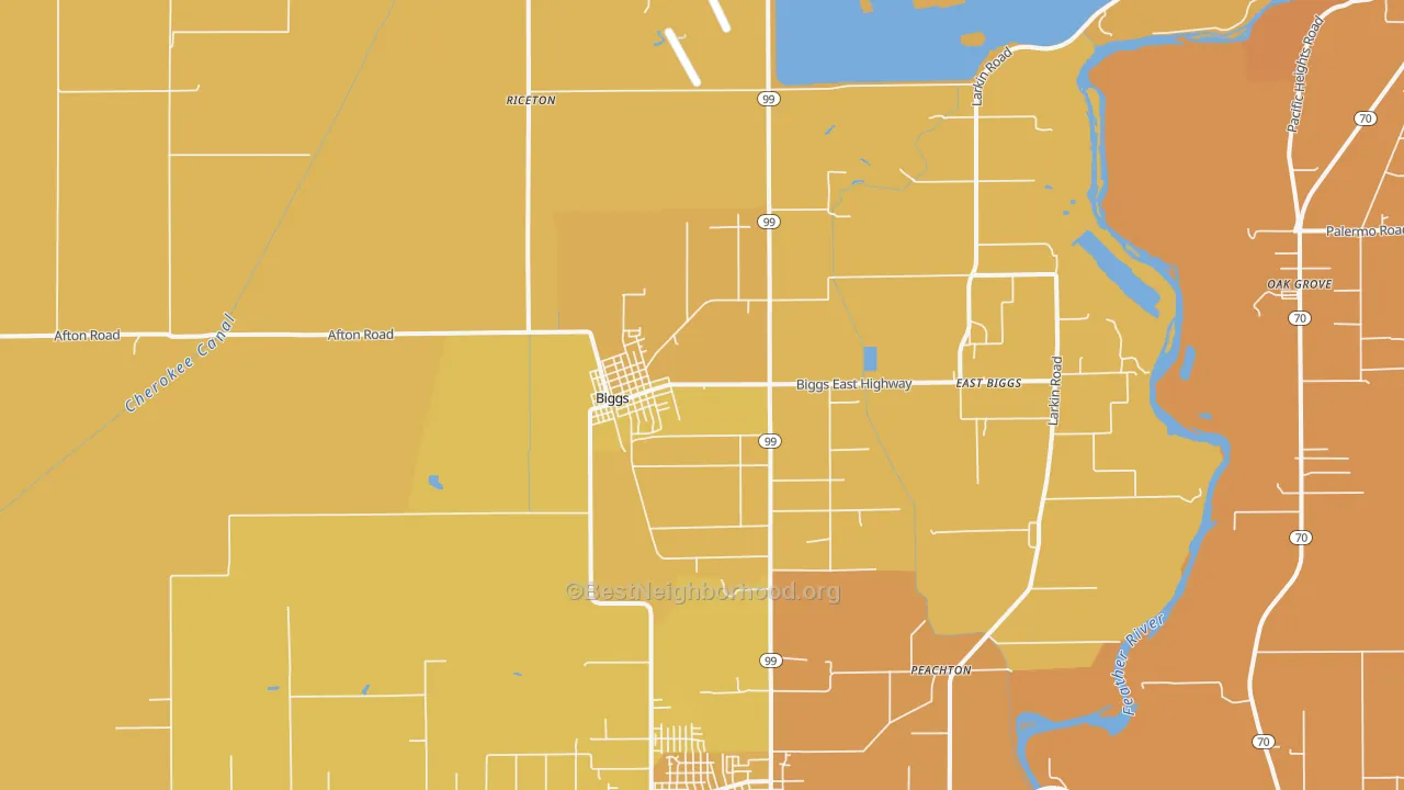 Map of the best neighborhoods in the 95917 area, with better matches in green and worse matches in red