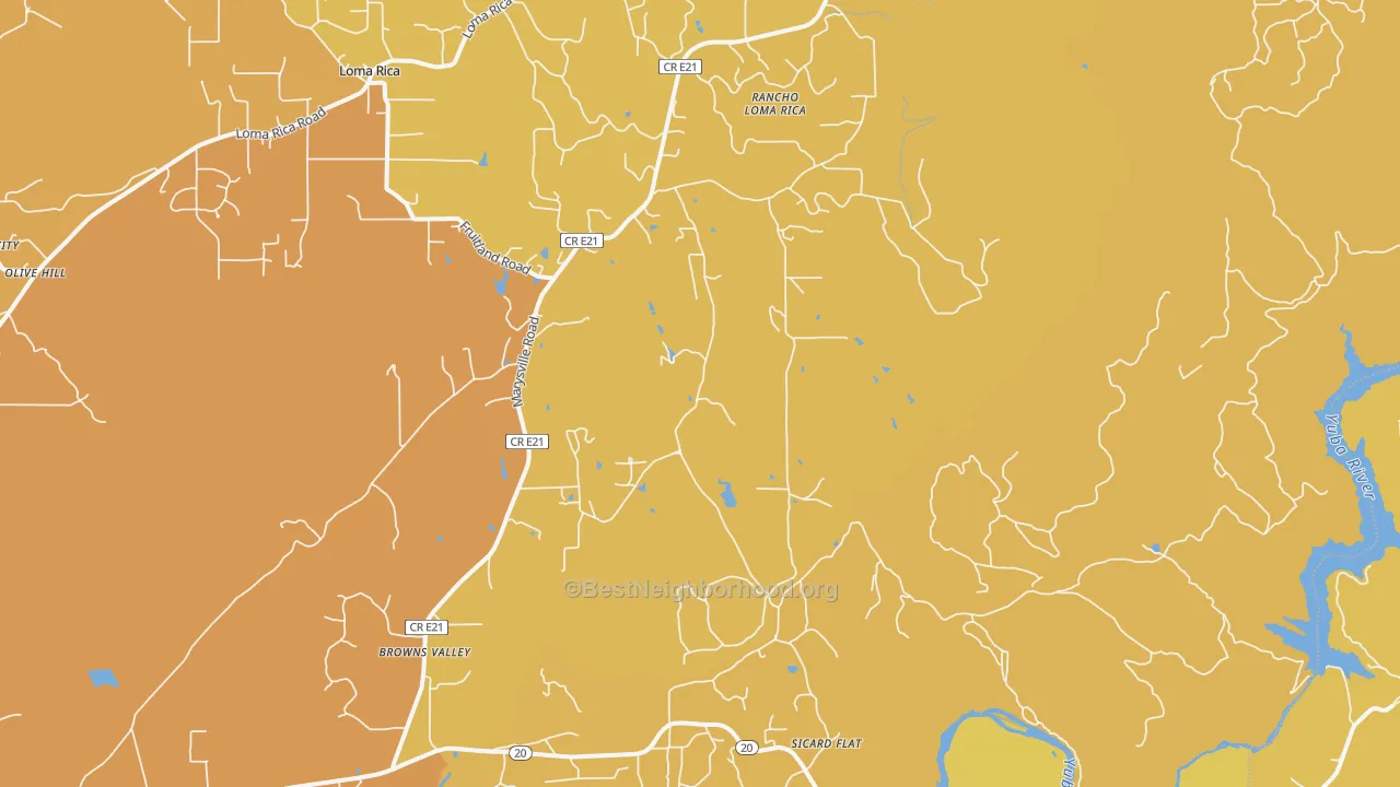 Map of the best neighborhoods in the 95918 area, with better matches in green and worse matches in red