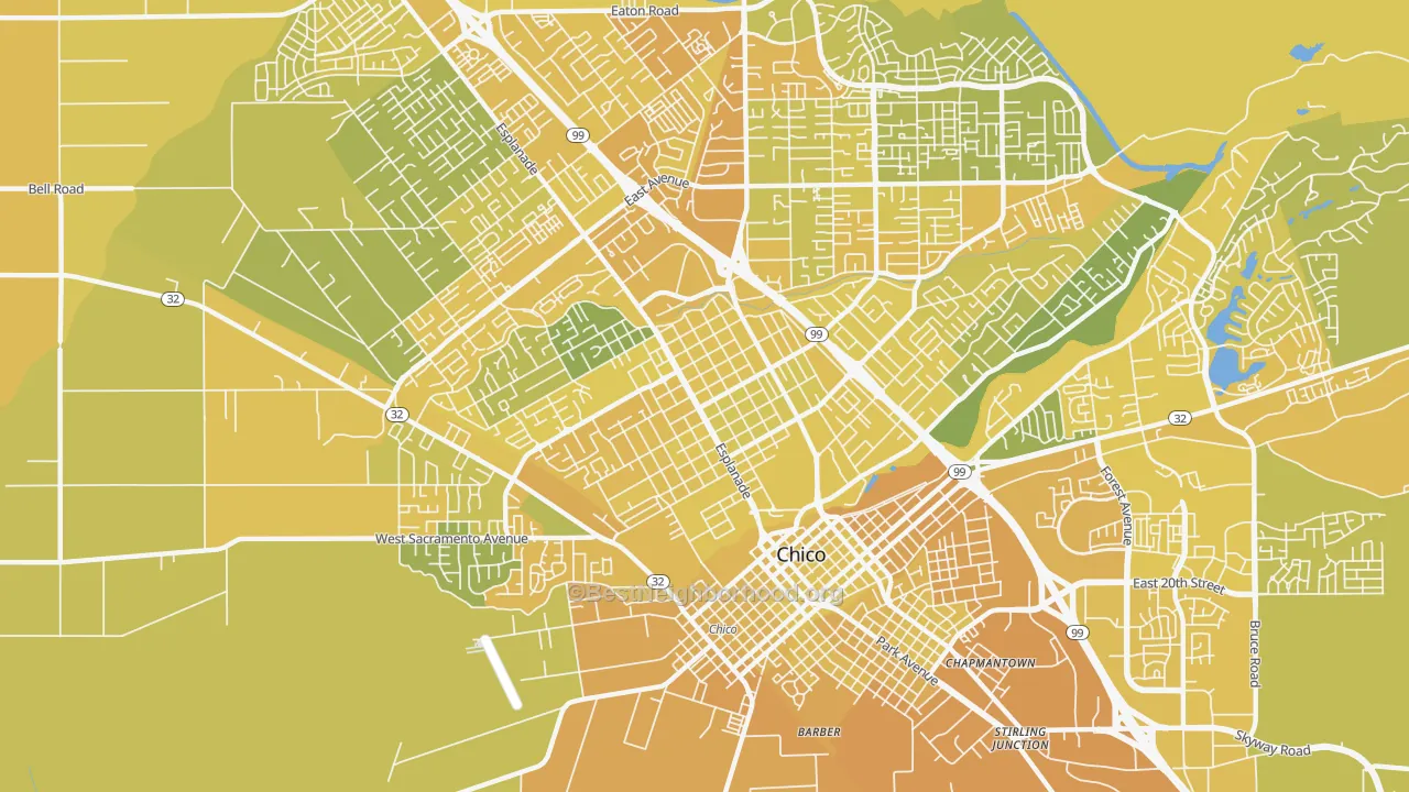 Map of the best neighborhoods in the 95926 area, with better matches in green and worse matches in red