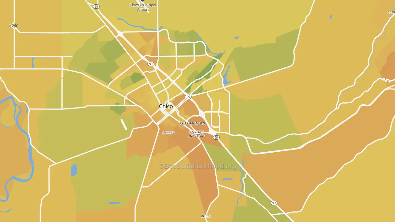 Map of the best neighborhoods in the 95928 area, with better matches in green and worse matches in red