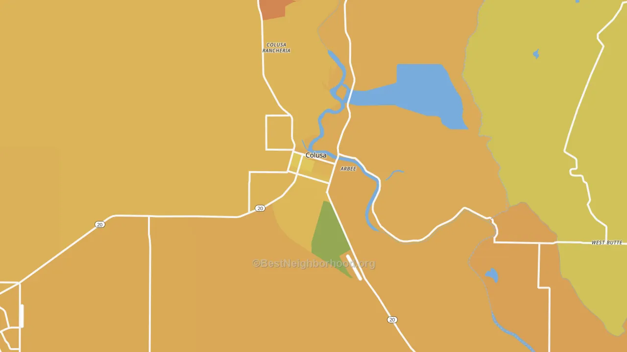 Map of the best neighborhoods in the 95932 area, with better matches in green and worse matches in red