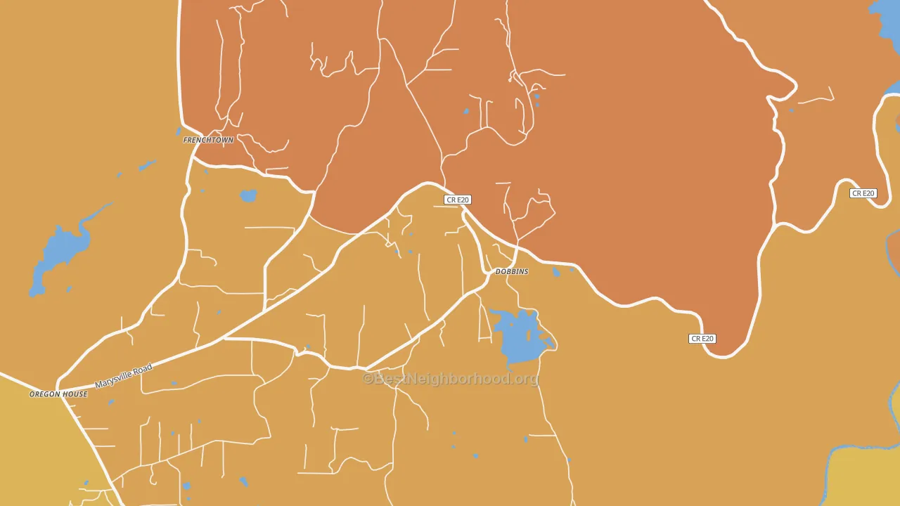 Map of the best neighborhoods in the 95935 area, with better matches in green and worse matches in red