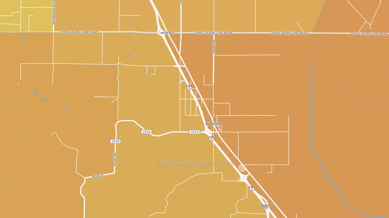Map of the best neighborhoods in the 95937 area, with better matches in green and worse matches in red