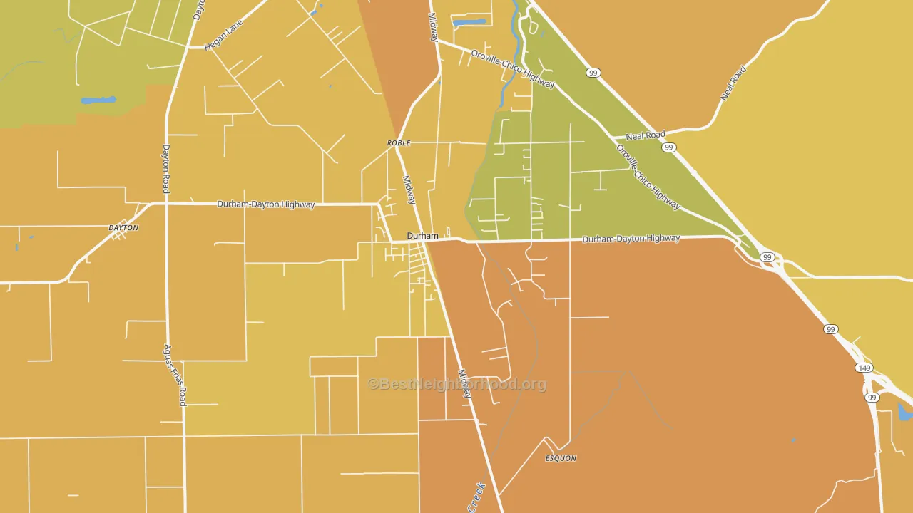 Map of the best neighborhoods in the 95938 area, with better matches in green and worse matches in red