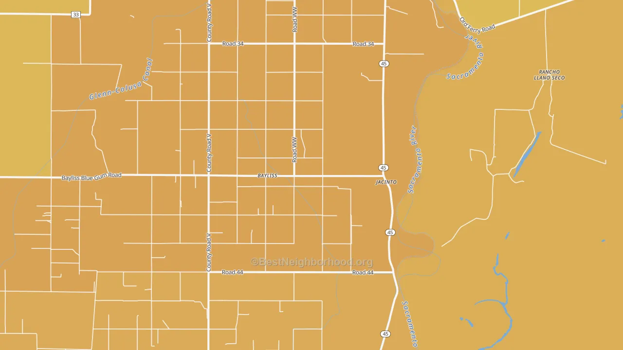 Map of the best neighborhoods in the 95943 area, with better matches in green and worse matches in red