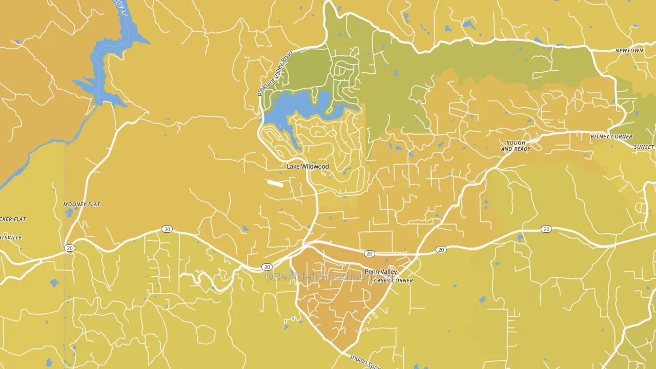 Map of the best neighborhoods in the 95946 area, with better matches in green and worse matches in red