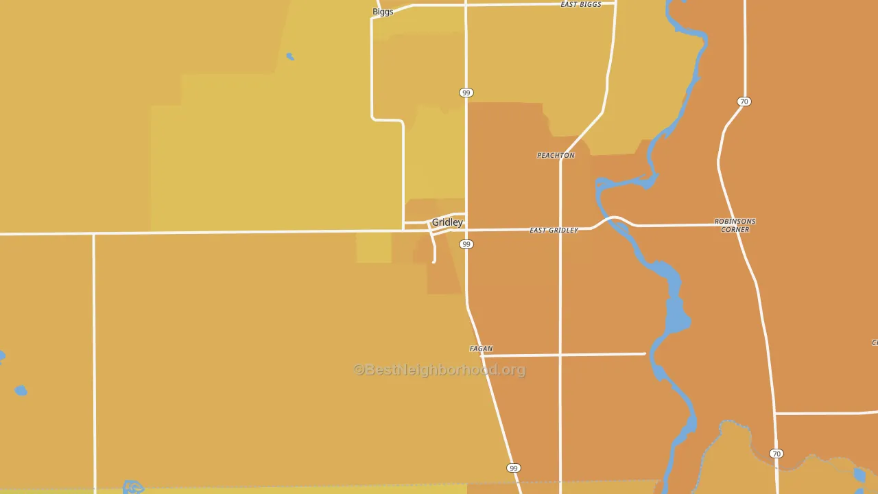 Map of the best neighborhoods in the 95948 area, with better matches in green and worse matches in red