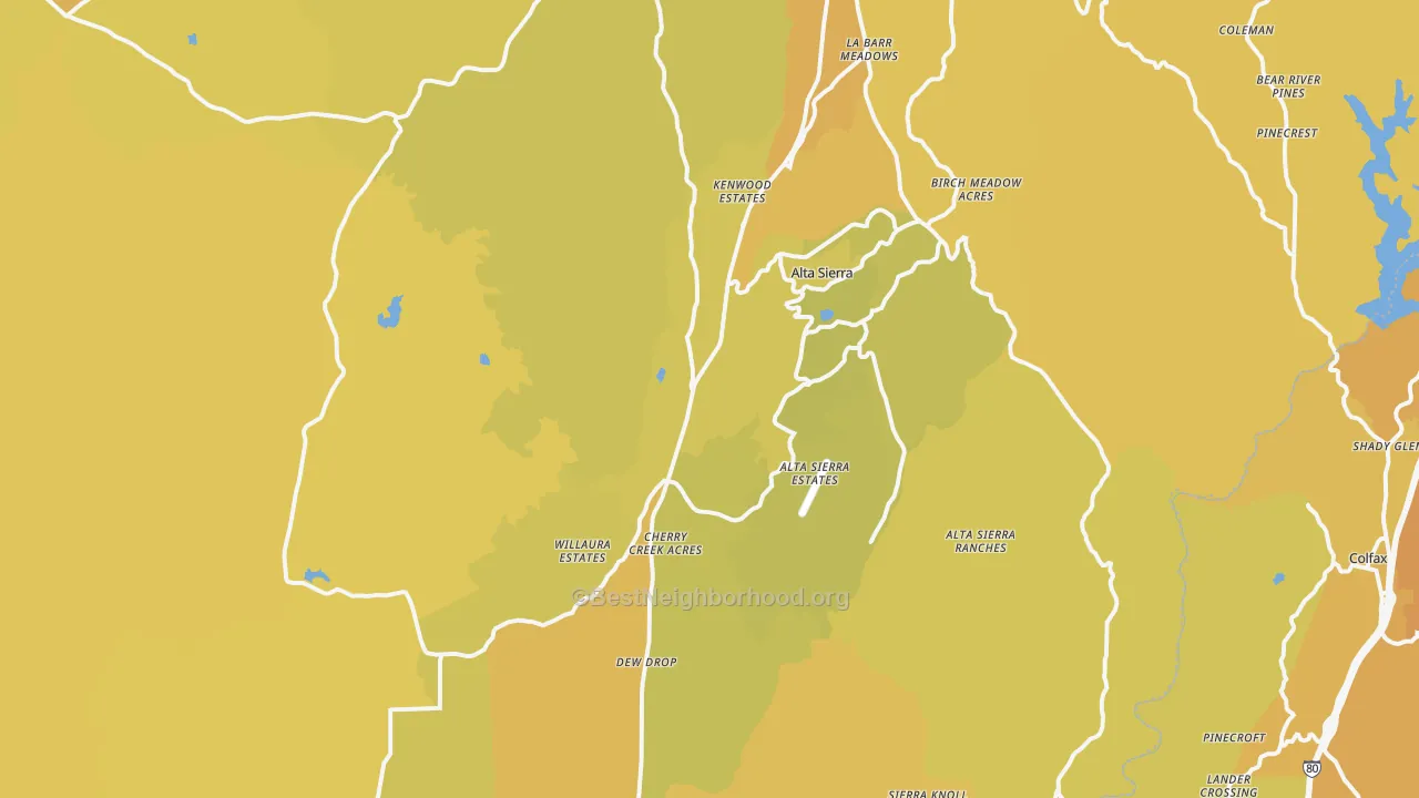 Map of the best neighborhoods in the 95949 area, with better matches in green and worse matches in red