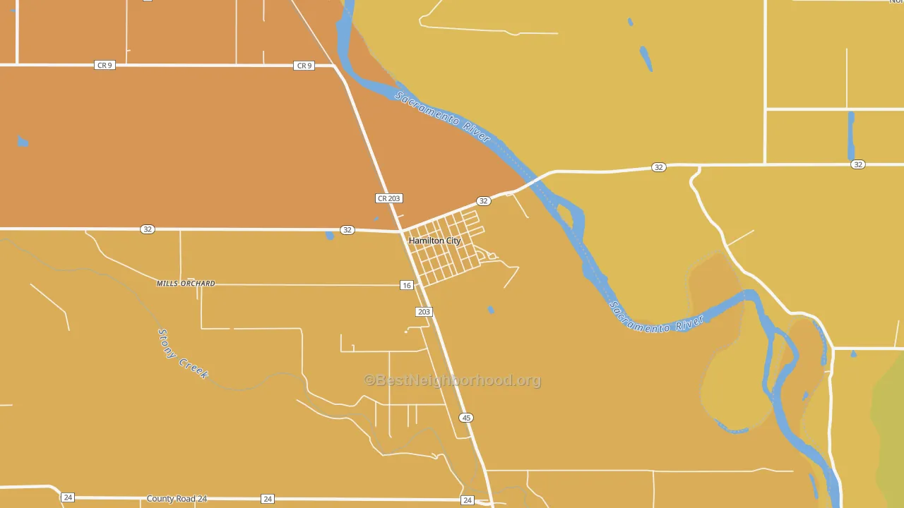 Map of the best neighborhoods in the 95951 area, with better matches in green and worse matches in red