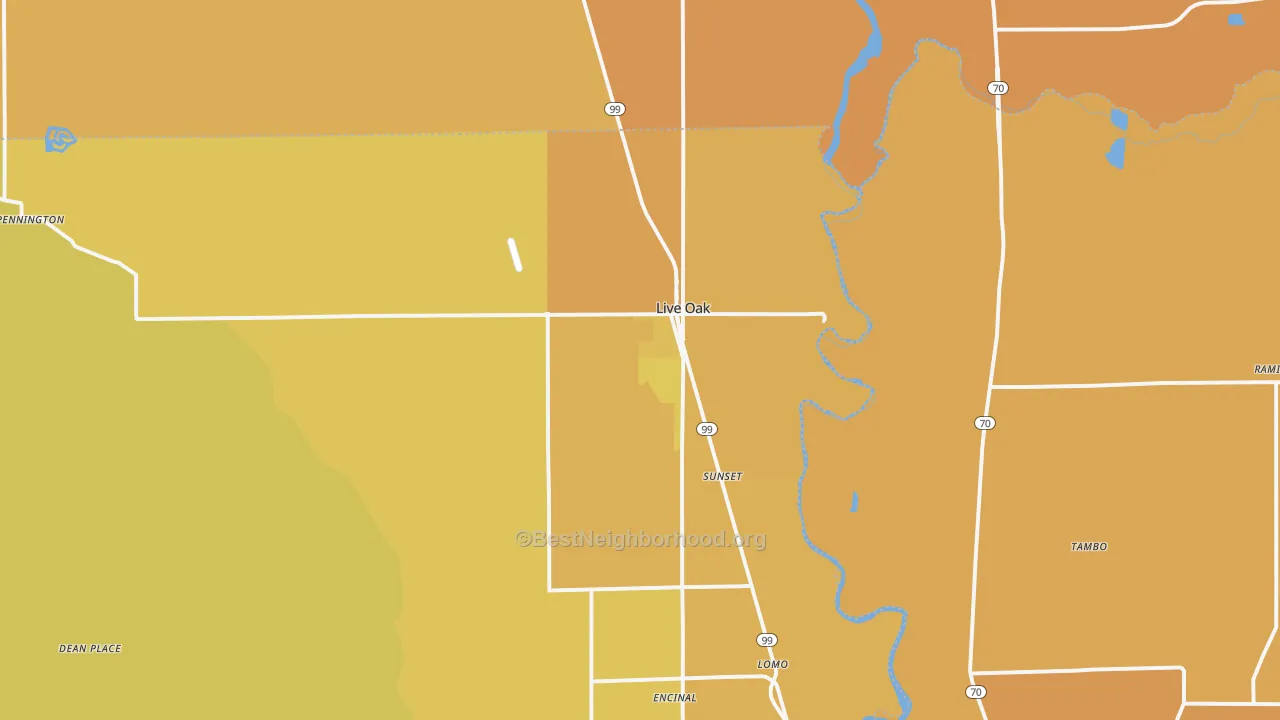 Map of the best neighborhoods in the 95953 area, with better matches in green and worse matches in red