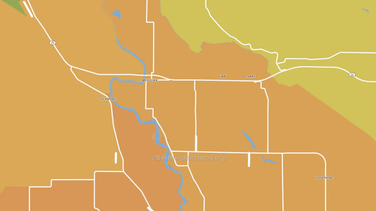 Map of the best neighborhoods in the 95957 area, with better matches in green and worse matches in red
