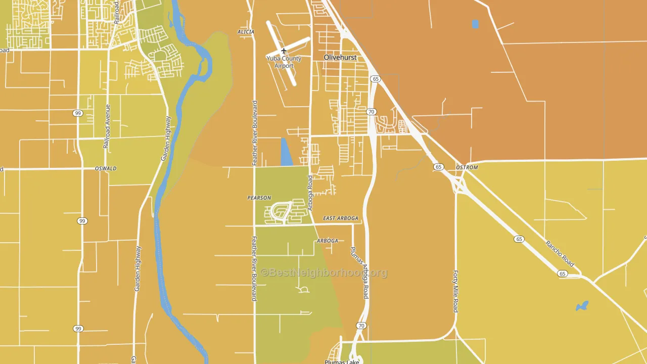 Map of the best neighborhoods in the 95961 area, with better matches in green and worse matches in red